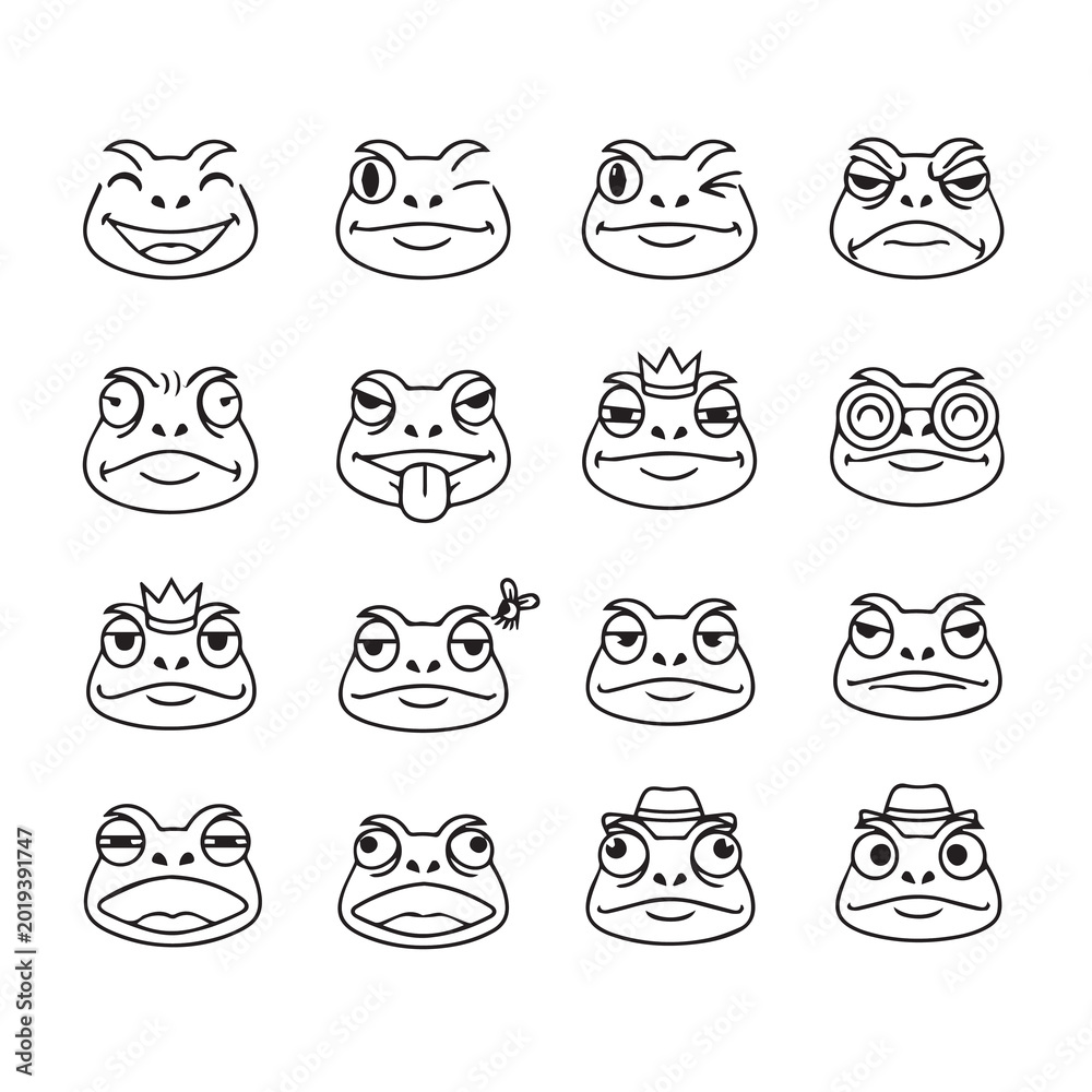 Fototapeta premium Amphibian facial expressions with different emotions and accessories in a clean graphic style