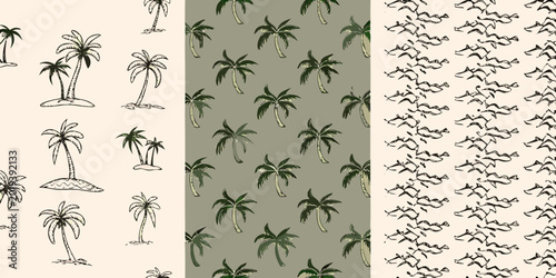 Photos Tropical palm tree pattern set with three complementary designs on neutral backg