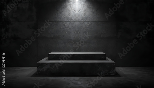 Dark gray concrete steps with spotlight in a dimly lit room interior