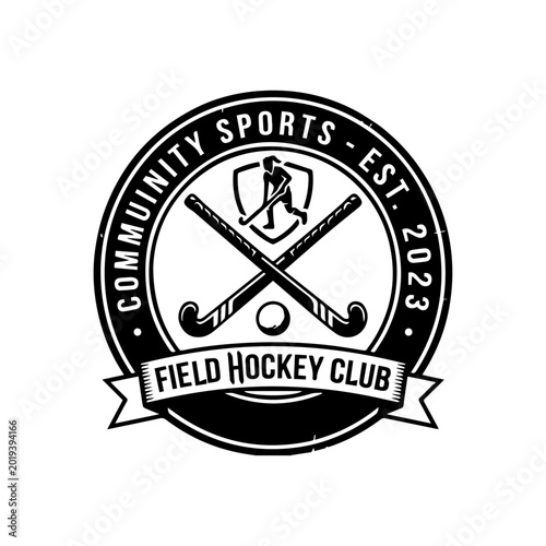 Community Sports Field Hockey Club Logo Vector, Crossed Sticks Vintage Shield Emblem Clipart