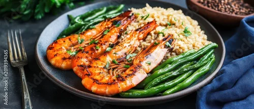 Obraz  z motywem Grilled shrimp with brown rice and green beans