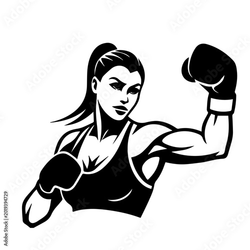 Female Boxer Flexing Bicep Vector Illustration, Strong Woman Boxing Logo Clipart