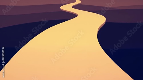 Winding beige path between layered dark hills, simple color blocking
