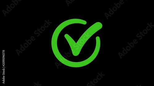 Green Check Mark Animation on Black Background, Approved Success Icon Tick Mark Motion Graphics, Success Check Sign Animation Verified Approved Icon RGB Alpha Black Background