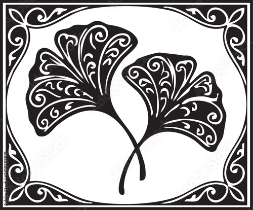 Ginkgo Leaf Design: An artistic representation of two elegant ginkgo leaves, intertwined with intricate, swirling patterns within a decorative frame.