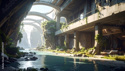 A serene, futuristic cityscape with a body of water