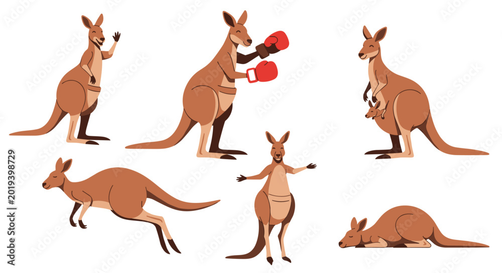 Fototapeta premium Collection of kangaroo illustrations featuring the Australian marsupial in various poses including boxing, jumping, and resting with a joey.