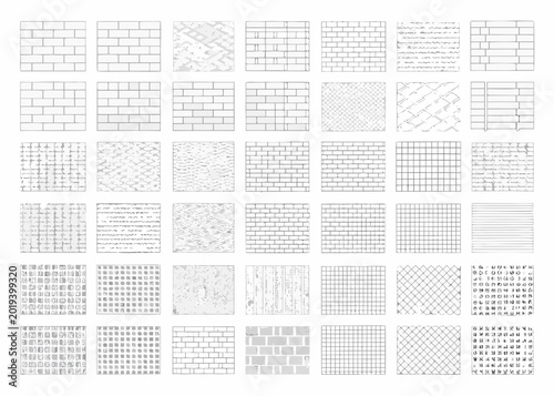 Obraz na plátně Collection of thirty six brick and geometric patterns arranged in a grid on a wh