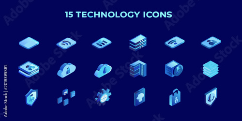 Fotografía Isometric technology icons collection in a grid layout blue and white color sche