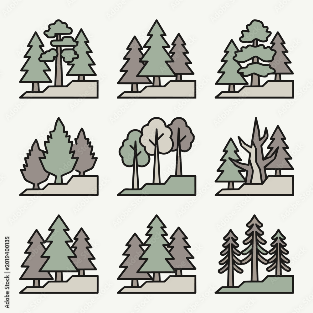 Fototapeta premium Set of stylized evergreen forest icons with flat design and pastel colors