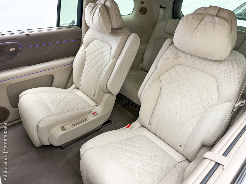 Fototapeta premium Shanghai, China - November 27, 2025: IM LS9 Luxury Electric SUV Rear White Leather Seats Interior Close Up