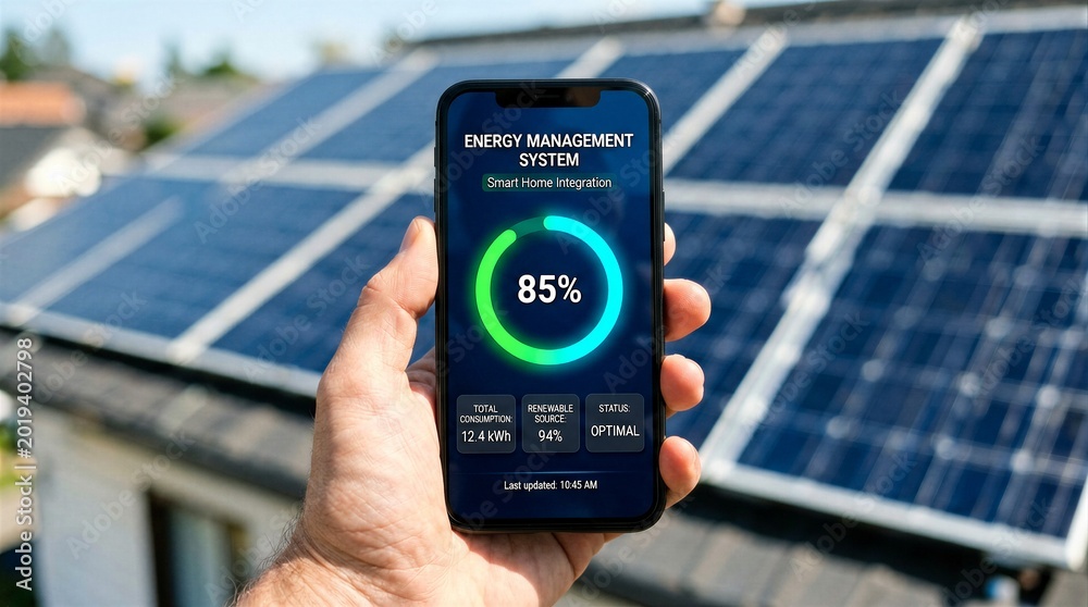 Fototapeta premium Hand holding smartphone with energy management system app in front of solar panels, smart home technology concept