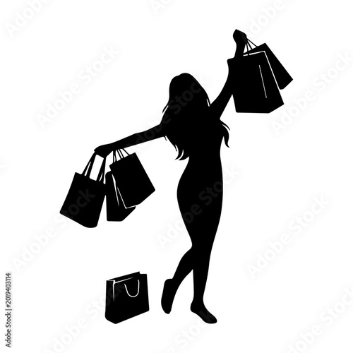 Happy Shopping Woman Silhouette Vector Illustration, Excited Girl holding Shopping Bags Clipart