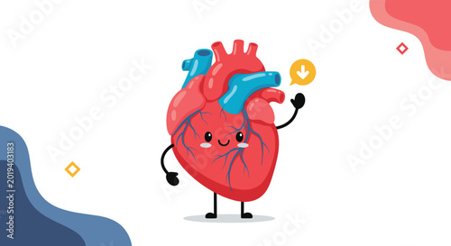 Human heart character with a friendly smile waving its hand to represent cardiovascular health, happiness, and a positive lifestyle.