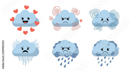 Collection of cloud characters depicts various weather conditions and emotions like love, anger, sadness, and heavy rain in flat design.