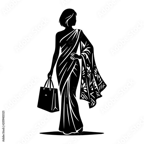 Indian Woman in Saree with Shopping Bags Silhouette Vector, Traditional South Asian Girl Shopping Clipart