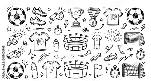 Hand drawn football themed doodle illustration set with sports icons and playful sketch elements vector collection
