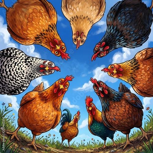 A Gathering of Chickens Under a Cloudy Sky.