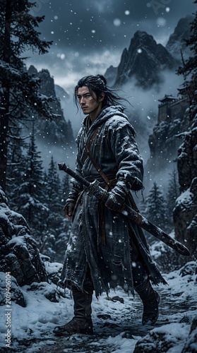 A solitary warrior traverses a snow-covered mountain landscape in winter.