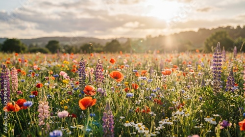 Red poppy field in a blooming meadow with flowers and grass under a blue sky with clouds