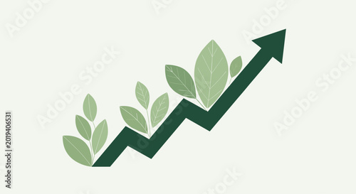 Green arrow with leaves growing up symbolizing eco friendly growth and sustainability in business and finance