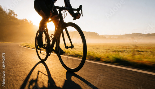 Close up of man cycling on road bike through countryside at sunrise