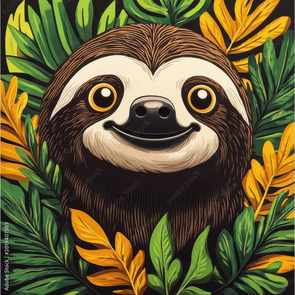 Fototapeta premium A sloth illustrated with a textured pattern, showcasing rich, tactile details for a warm and immersive look.