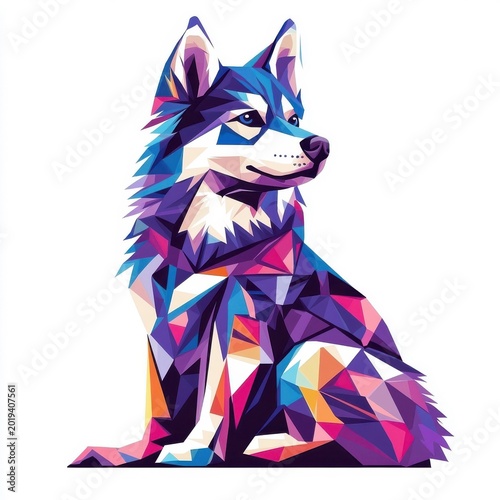 Siberian Husky in a stylized 3D illustration, using geometric shapes and vibrant colors to create a modern and eye-catching design.