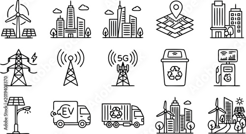 Comprehensive collection of smart city icons representing sustainable energy green technology urban infrastructure and environmental innovation concepts for design.