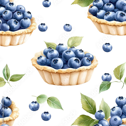 Seamless watercolor pattern of blueberry pie isolated on a white background, offering a creative and artistic view. PNG