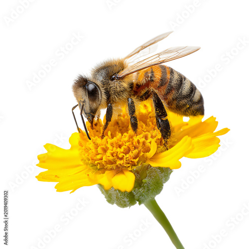 Natures Pollinator at Work: Bee on a Sunlit Yellow Flower Isolated