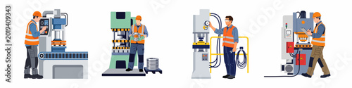 Canvas-taulu Set of vector illustrations depicting industrial workers operating various heavy machinery, hydraulic presses, and control panels in a factory setting