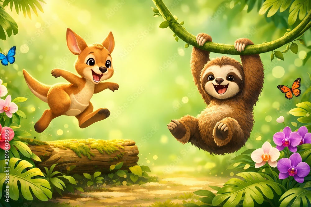 Fototapeta premium Beautiful high resolution digital image showing a cute kangaroo and sloth playing in the jungle and it is perfectly suitable for creative graphic design projects and modern web backgrounds