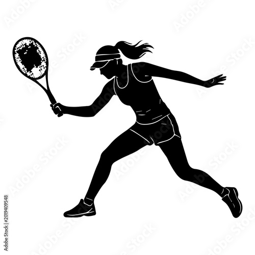 Action Female Tennis Player Silhouette Vector, Woman Athlete Forehand Shot Clipart Illustration
