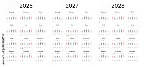 Photos Modern 2026, 2027 and 2028 calendar template, 12 months on one page, Sunday start