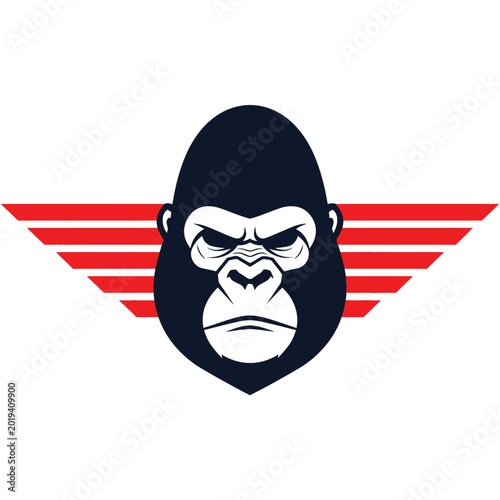Free Download Stylized gorilla face with stern expression, red stripes background, minimal design - GFXLoad