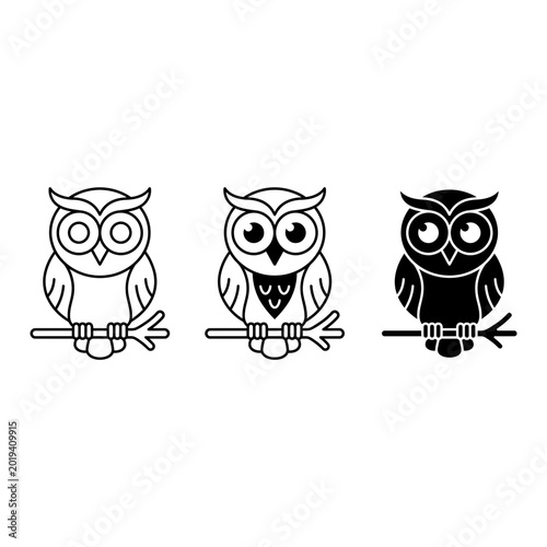 Owl icon set outline solid silhouette, white background