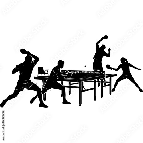 Table Tennis Tournament Players Silhouette Vector, Ping Pong Mixed Match Action Clipart Set