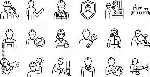 Collection of linear icons representing construction workers industrial safety manufacturing maintenance and professional engineering service concepts.
