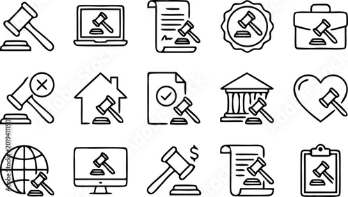 Photos Comprehensive collection of legal and justice line icons featuring gavels law documents courthouse and global jurisdiction symbols
