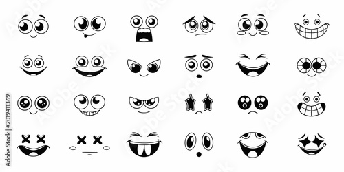 Obraz na płótnie collection of cartoon face expressions black and white vector illustration on wh