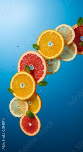 Assorted citrus fruit slices cascade diagonally against a vibrant blue gradient background