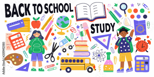 Foto Colorful back to school illustration with school supplies student and learning e