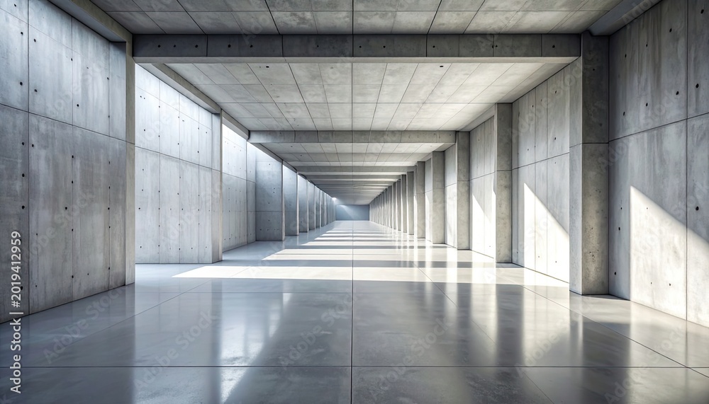 Obraz premium A long, minimalist concrete corridor bathed in natural light, showcasing modern architecture and striking shadows.