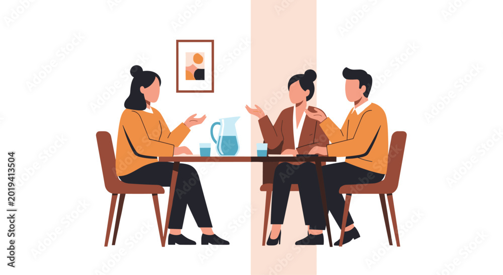 Fototapeta premium Illustration of three people sitting at a table engaged in conversation with a pitcher and cups on the table