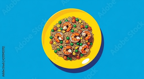 Delicious Shrimp Fried Rice Served on a Bright Yellow Plate.