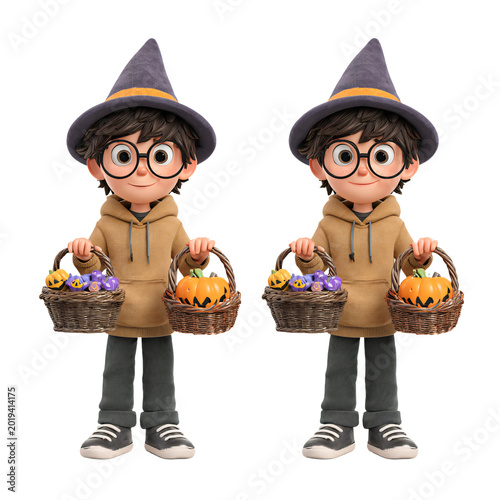 3D Cartoon Boy with Halloween Baskets on Transparent Background for Seasonal Designs