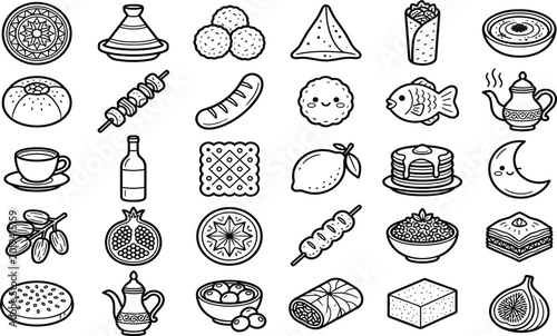 Φωτογραφία Arabic and Middle Eastern food outline icon set featuring traditional cuisine de