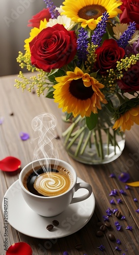 Steaming hot cup of coffee rests beside a vibrant bouquet of fresh flowers on a wooden surface