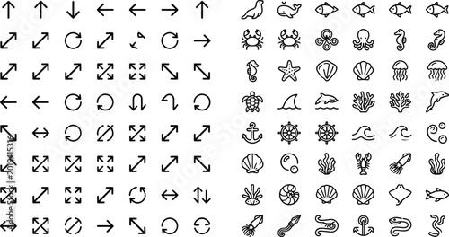 Photography Arrow navigation and marine outline icon set featuring directional symbols sea a